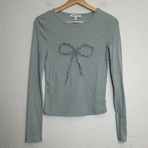 Pretty Garbage Mint Green Ribbed Knit Bow Long Sleeve Top Womens Medium Coquette